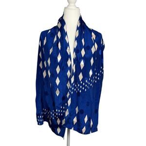 Womens Bright Blue and White Silky Scarf Rectangle 64" x 14.5" Diamonds Spring